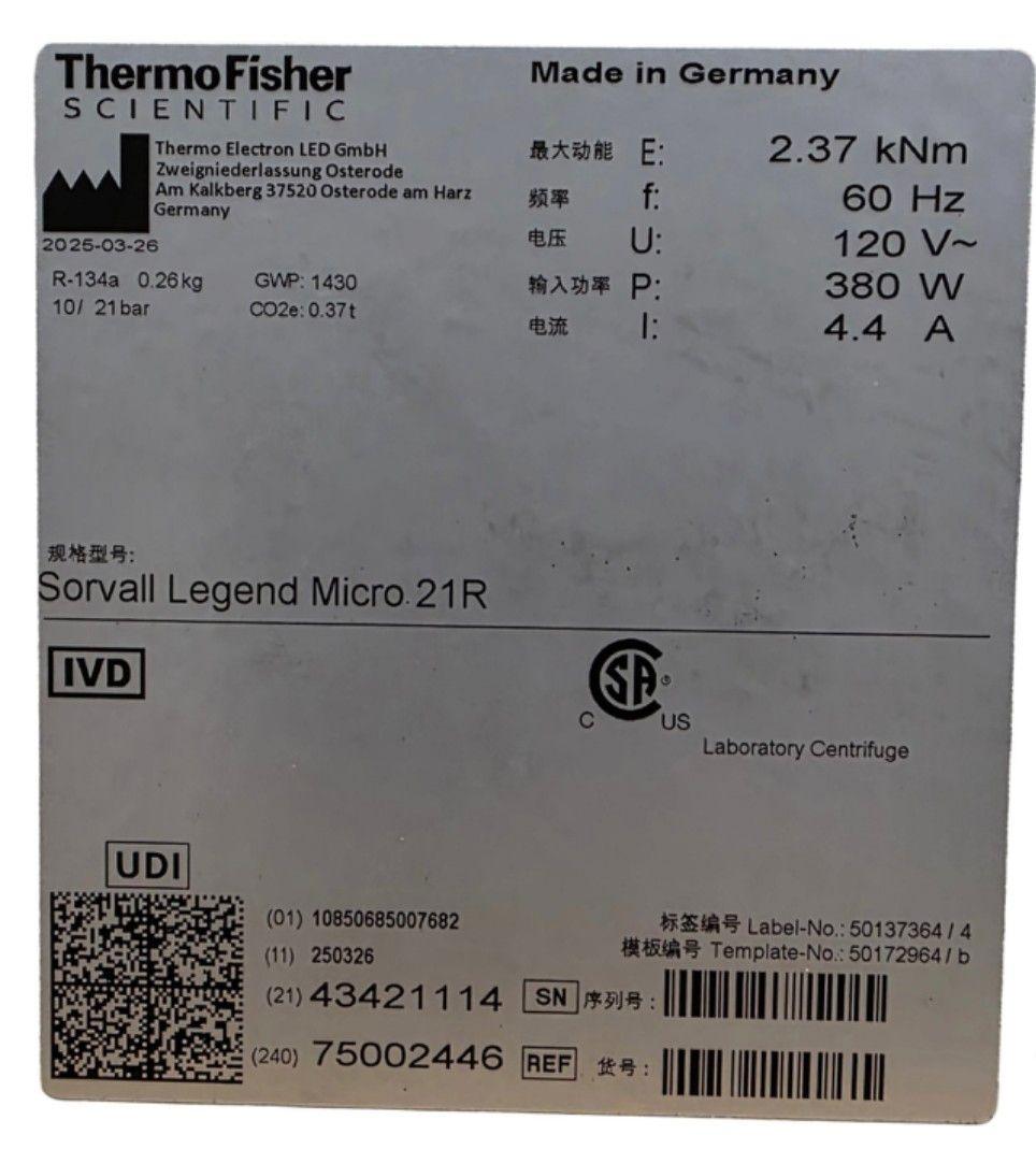 Thermo Scientific Sorvall Legend Micro 21R Refrigerated Microcentrifuge – 14,800 RPM, 115V
