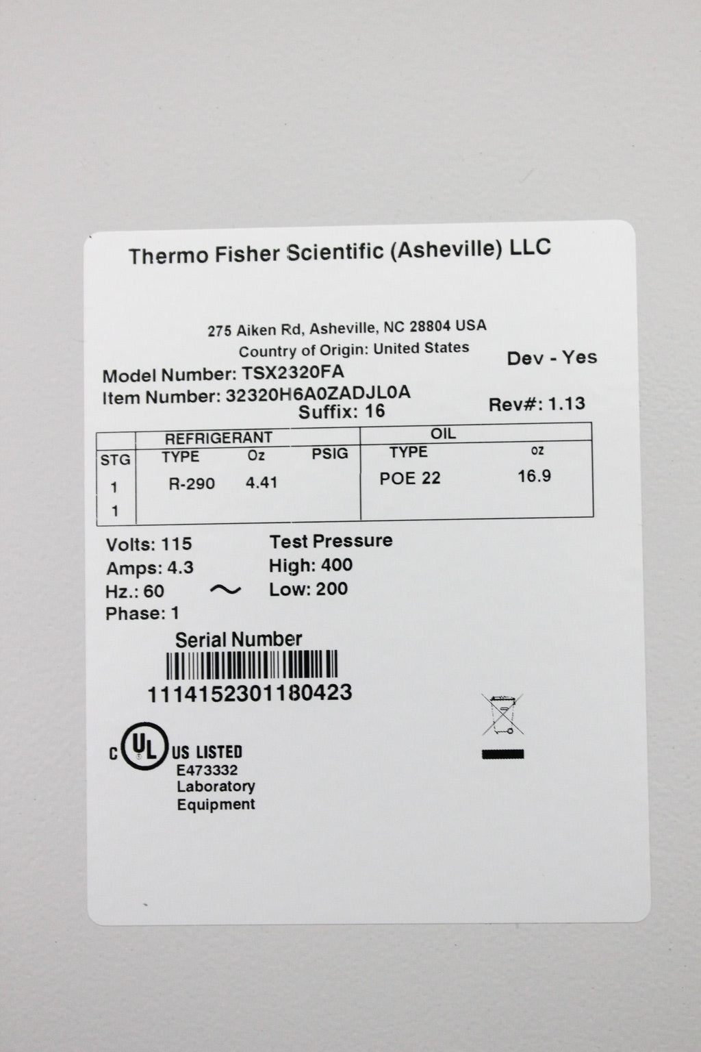 Thermo TSX 2320FA Freezer 120V -86C Lab Ultra Low Temperature Freezer