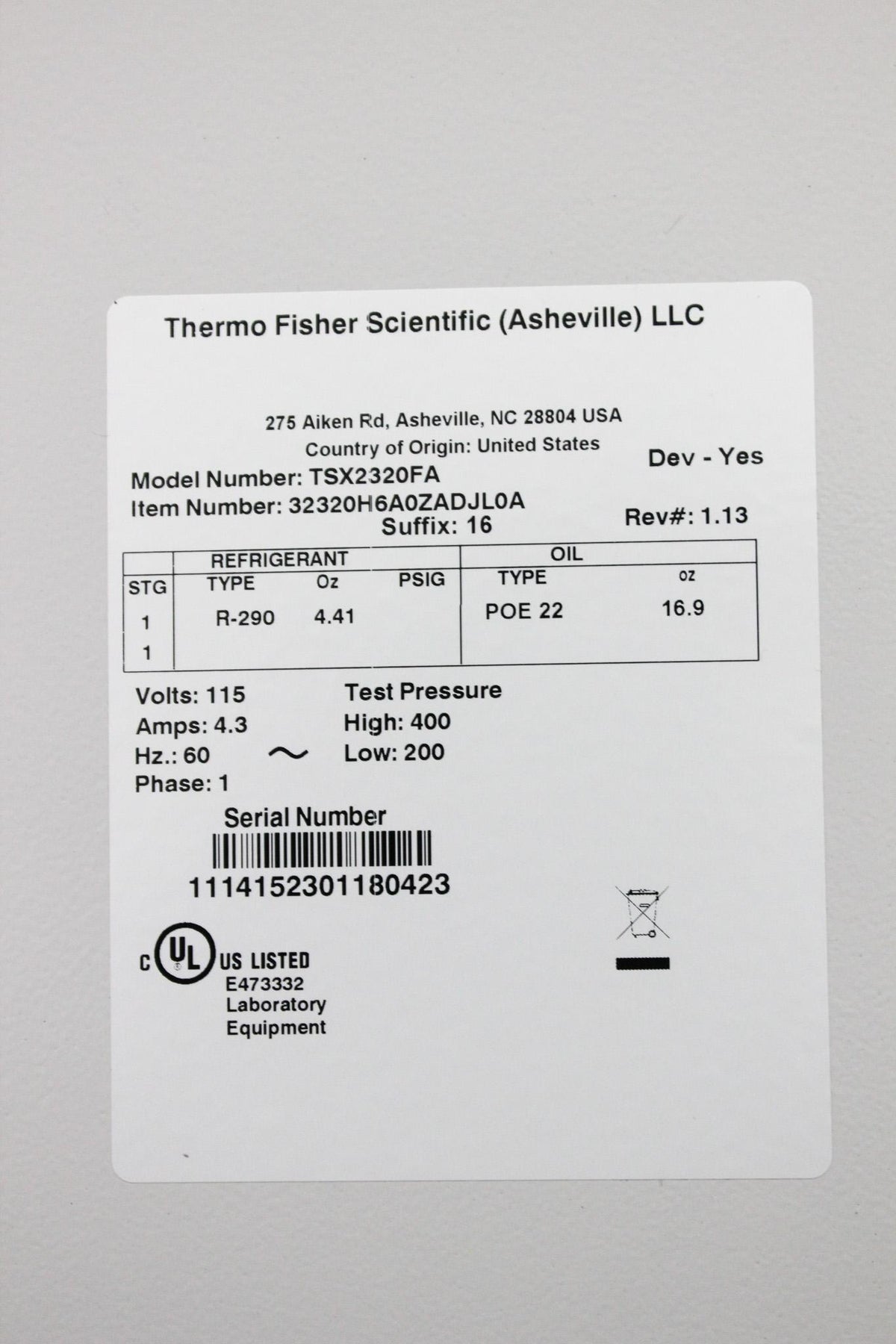 Thermo TSX 2320FA Freezer 120V -86C Lab Ultra Low Temperature Freezer