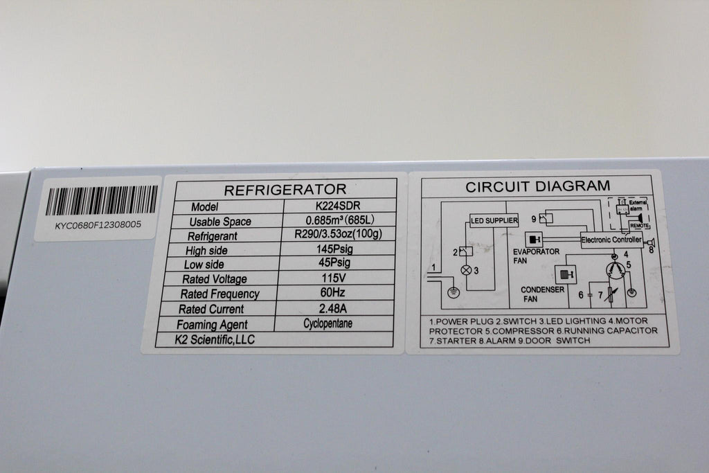 K2 Scientific K224SDR Refrigerator 24 cu. ft. Upright Lab Fridge