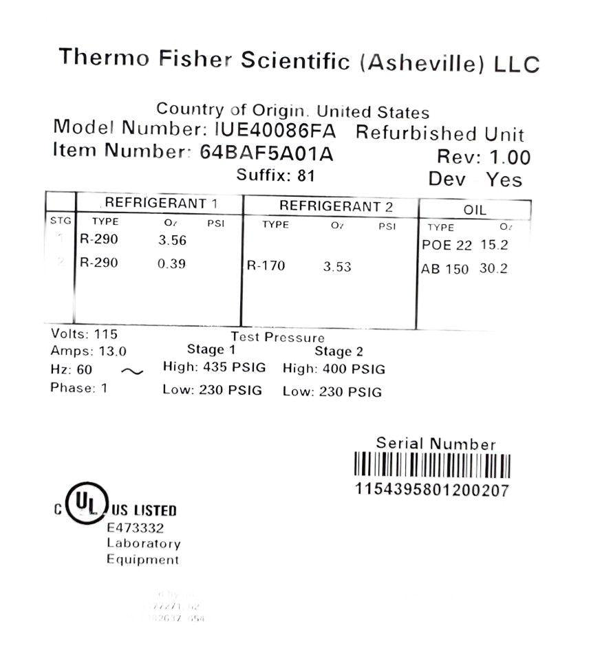 Fisher Scientific IUE40086FA 19.4 Cu. Ft. -86°C Ultra-Low Temperature Freezer